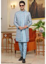 Art Silk Sky Blue Wedding Wear Thread Work Readymade Indo Western Sherwani